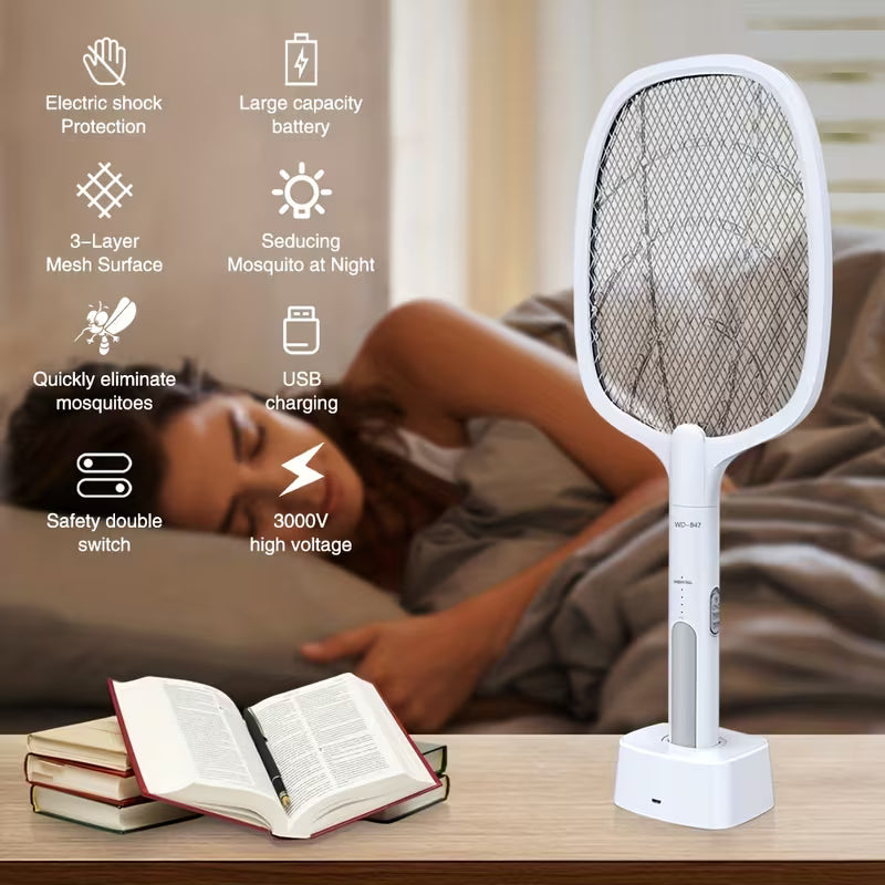 Rechargeable Electric Mosquito Swatter – High-Voltage Insect Killer Racket with LED Light, Fast USB Charging & Safe Mesh Protection
