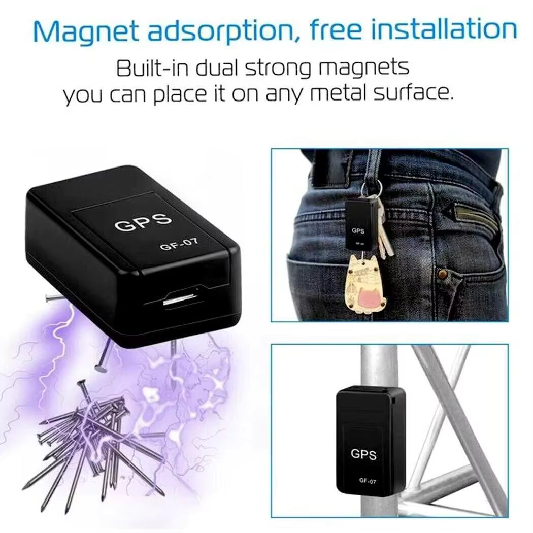 Black GPS tracker with text about magnet adsorption and installation on a white background