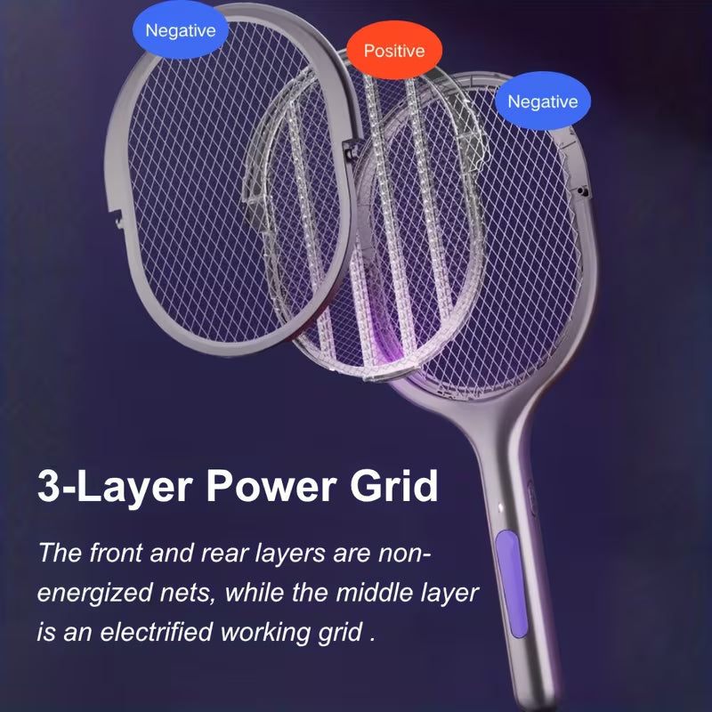 Rechargeable Electric Mosquito Swatter – High-Voltage Insect Killer Racket with LED Light, Fast USB Charging & Safe Mesh Protection